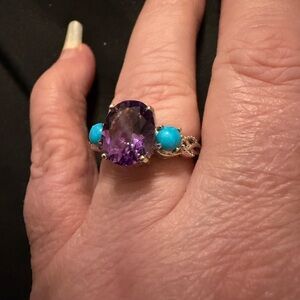 Moroccan Rose Amethyst, Sleeping Beauty Turquoise Ring in Platinum over SS